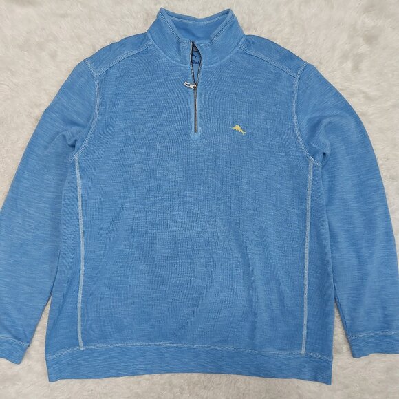 Tommy Bahama Mens Blue Relax Sweatshirt Quarter Zip Pullover Marlin Logo - Picture 2 of 11